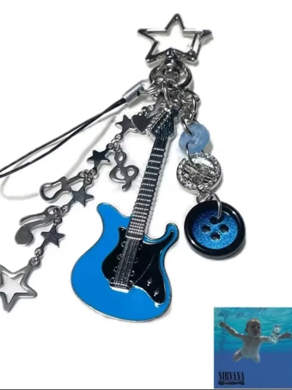 Hot Nirvana Band Y2K Guitar Keychain Star Note Button Beaded Bag Pendant
